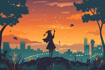 Poster Silhouette of happy graduate student with diploma on background of city landscape, illustration © Iryna
