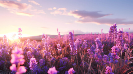Landscape of lavender Flowers in the sunset