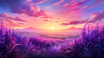Keuken spatwand met foto Field of lavender sunset landscape backdrop © Stamplovesink