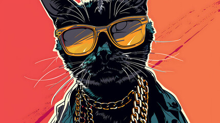 A cool cat wearing sunglasses and a gold chain around its neck. The cat is looking at the camera with a confident expression.