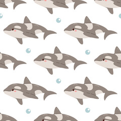 Cute hand-drawn colored killer whale in flat style, seamless pattern, ocean aquatic underwater kawaii vector. Vector cartoon illustration on white background.