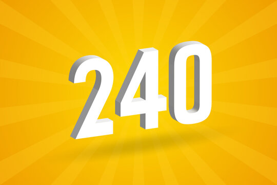 3D 240 number font alphabet. White 3D Number 240 with yellow background