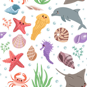 Sea animals. Seamless pattern of hand-drawn sea life creatures and elements. Vector doodle cartoon set of marine life objects. Flat illustration on white background. Collection for stickers.
