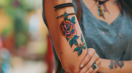 A young woman with a tattoo of a rose and a butterfly on her arm. She is wearing a blue tank top and a brown leather bracelet.