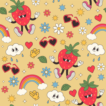 Seamless pattern with cartoon strawberry in  Groovy style. Hand draw Funny Retro vintage trendy style strawberry cartoon character illustration. Doodle Comic collection