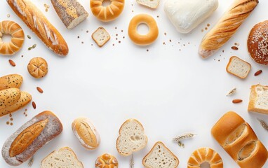 Homemade natural breads. Different kinds of fresh bread as background, top view with copy space - obrazy, fototapety, plakaty