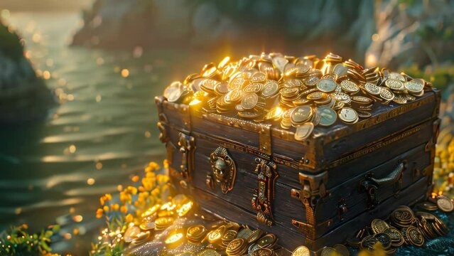locked treasure chest, discovery of an old chest on the edge of the sea cliff