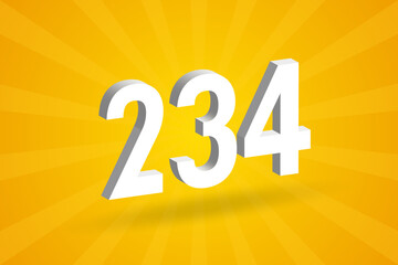 3D 234 number font alphabet. White 3D Number 234 with yellow background