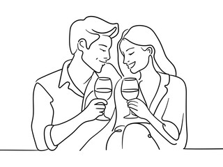 Girl and boy drink wine continuous line art drawing isolated on white background. Friendship line art drawing. Vector illustration