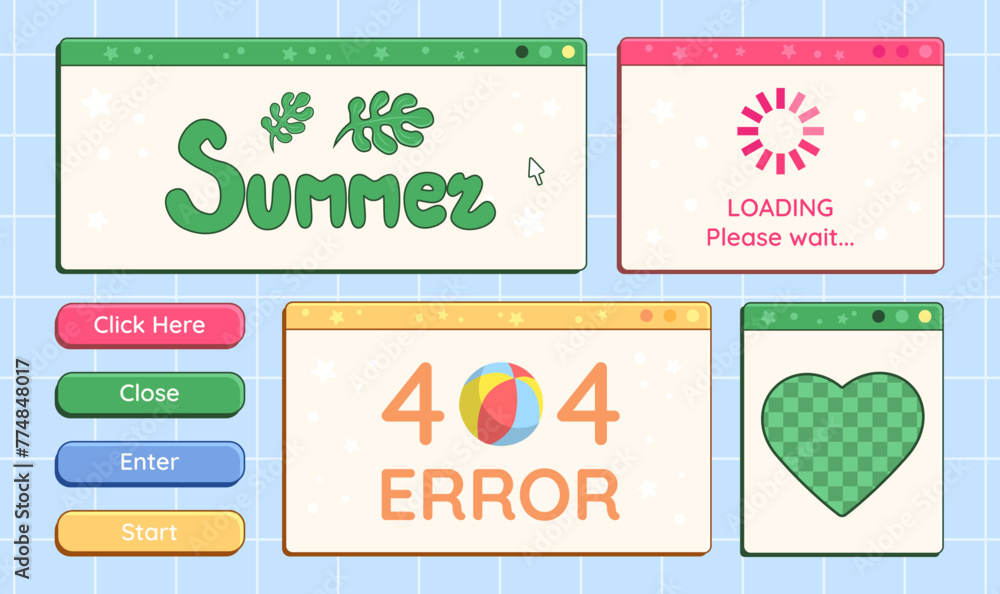 Poster set of y2k retro computer window and buttons, interface elements with cheering phrases. vector illus