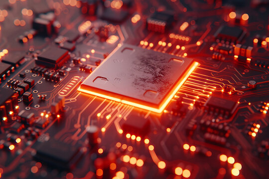Small microprocessor microcontroller chip close up highlighted in red
