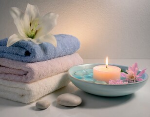 Fototapeta na wymiar A tranquil spa corner where a gently scented candle burns beside a stack of fluffy towels, a bowl of floating flowers, and smooth pebbles, creating a sanctuary for relaxation.