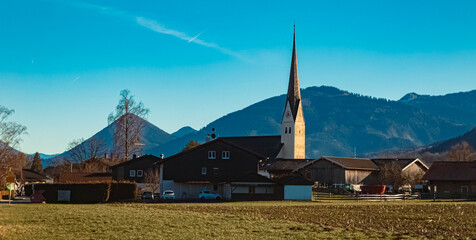 Church on a sunny winter day at Au, Bad Aibling, Bavaria, Germany