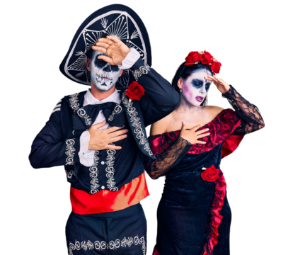 Young couple wearing mexican day of the dead costume over background touching forehead for illness and fever, flu and cold, virus sick