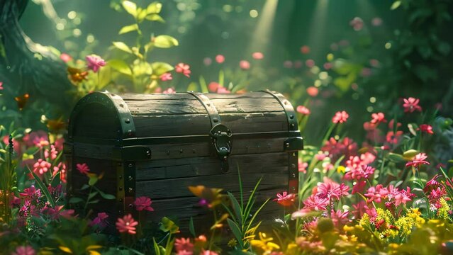 locked treasure chest, discovery of an old chest surrounded by flowers
