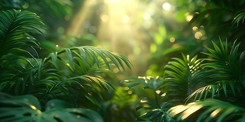 Tropical forest with sunlight filtering through the canopy showcasing lush green plants and trees. Concept Outdoors, Nature, Tropical Forest, Sunlight, Greenery