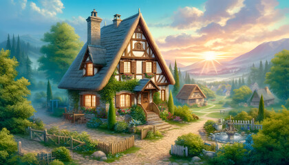 Illustrate a charming and picturesque village house set against an idyllic background. The house should exude a sense of warmth and coziness - obrazy, fototapety, plakaty