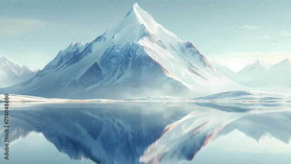 Poster a snowcovered mountain stands tall its mirrored image creating two peaks that seem to touch at the s