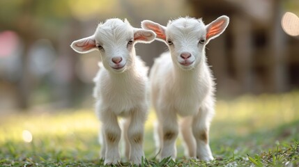 Obraz premium Two cute little baby goats playing on a green grass field