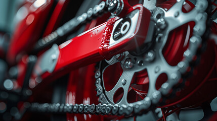 Close-up detail of red bike chain and gears. Macro shot showing the intricate design of a bicycle chain and gear system in a vibrant red hue. Precision in motion, the heart of a performance bicycle. - obrazy, fototapety, plakaty