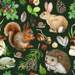 Forest animals and natural elements seamless pattern. Watercolor illustration. Hand drawn squirrel, hedgehog, bunny, mushroom, acorn elements. Vintage style wild forest animals seamless pattern © anitapol