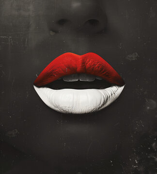 Red and white artistic design of lips on a dark background. Close-up, stylized image of a woman's mouth. The power of speech and silent expression. 