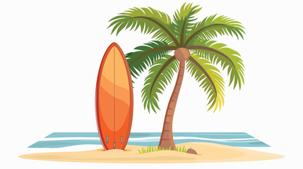 An isolated isle with a pair of surfboard and a palm 
