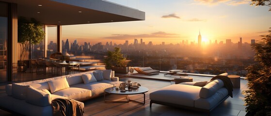 Modern house with a city view at nigh. Luxurious villa with a city view. House with cityscape.