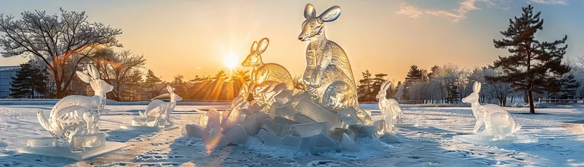  Ice sculpture garden, kangaroo centerpiece, golden hour glow, wideangle, fairytale ambiance , isolated on white background © sorrakrit