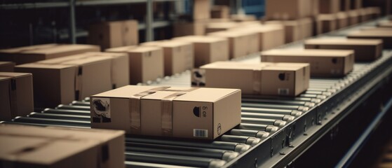 Cardboard boxes in shipping warehouse. Cardboard boxes on a conveyor belt. Closeup image of boxes. - obrazy, fototapety, plakaty