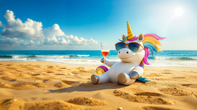 une licorne style 3D allong&eacute;e sur une plage avec un cocktail pour les vacances