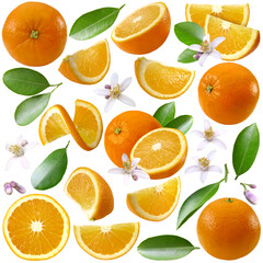 Orangen, Orangenhälfte, Orangenspalte, Orangenblüten und Orangenblätter. Einzeln und in Gruppen,...