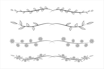 Sketch borders. Ornamental doodle dividers, rough rustic line frame with flower, branch and foliage. Card underline vector set.