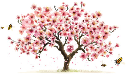 Blooming peach tree crown and bees flat vector isolated
