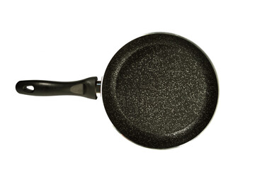 Metal Frying Pan:On a white, wooden insulated background. A place for the text.Ceramic coating with non-stick coating: Kitchen utensils;Cooking for chefs in the kitchen.