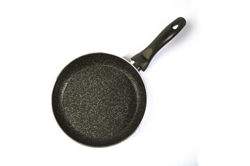 Metal Frying Pan:On a white, wooden insulated background. A place for the text.Ceramic coating with non-stick coating: Kitchen utensils;Cooking for chefs in the kitchen.