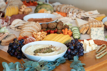 Delicious gourmet food setup of snacks for party. Creative food setup, catering service