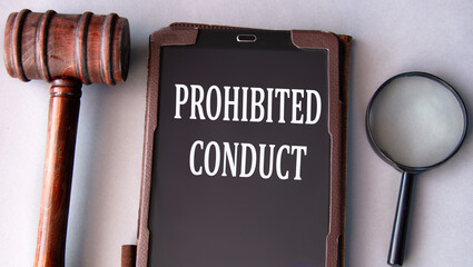PROHIBITED CONDUCT - words on an electronic notepad with a judge's gavel in the background