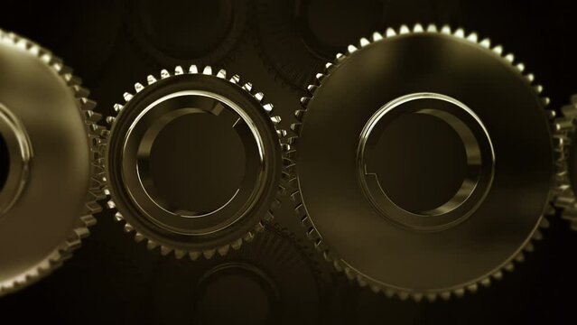3D Machine Gears In Motion Slowly. Industry Related Abstract 3D Animation Concept.