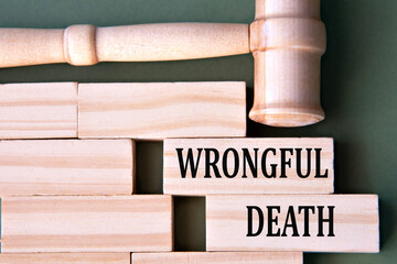 WRONGFUL DEATH - words on wooden blocks on a white background with a judge's gavel.