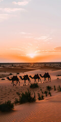 Paisagem do deserto com caravana de camelos