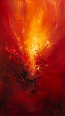 A fiery abstract painting where thick, bold strokes of red, orange, and yellow. Vertically oriented. 