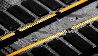 Macro Close up of computer RAM chip and motherboard