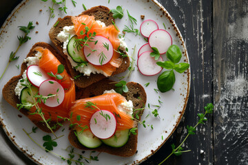 Rye bread with cottage cheese and pieces of salmon, cucumber and radish on a plate from above. Salmon sandwiches, healthy breakfast
