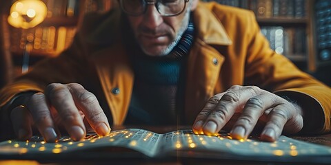 Blind person reading braille text with fingers. Concept Braille reading, Blind individuals, Tactile reading, Visually impaired, Assistive technology - obrazy, fototapety, plakaty