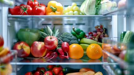 An open refrigerator full of fresh fruits and vegetables, vegetarian food, healthy food background,...