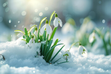 Snowdrops close up on a snow background with space for text or inscriptions, theme of the coming spring
 - obrazy, fototapety, plakaty