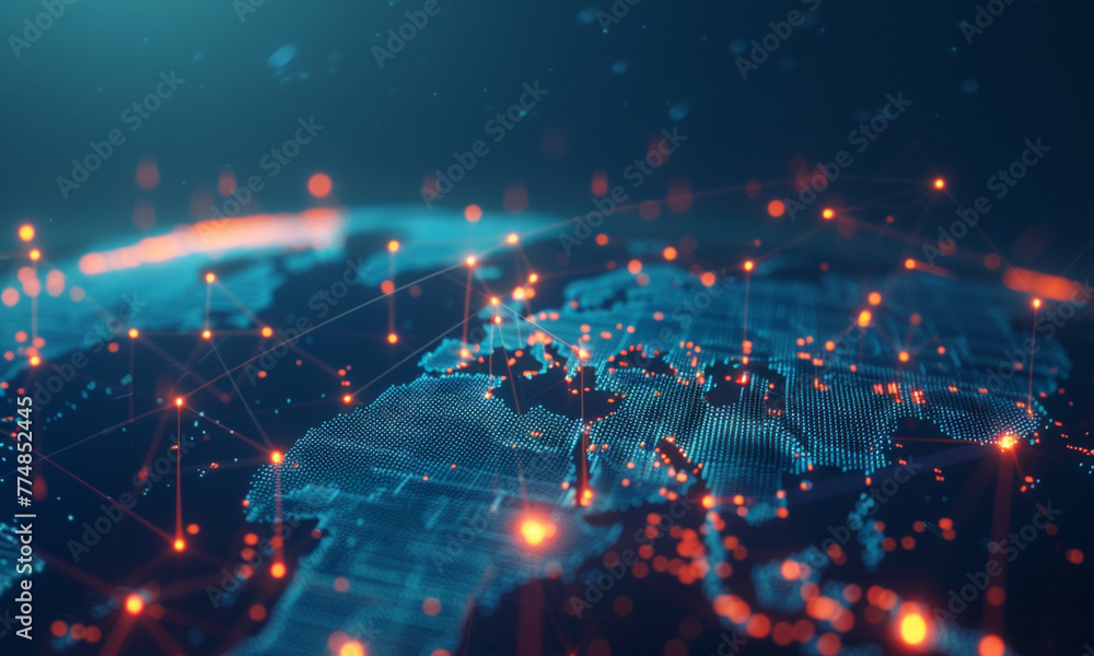 Poster abstract global network concept with a glowing world map and connection lines on a dark blue backgro