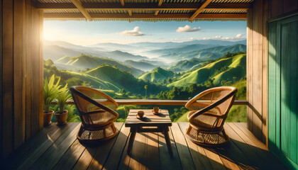 The peaceful ambiance of a mountain view from a rustic wooden balcony. Include two woven rattan chairs and a simple wood - obrazy, fototapety, plakaty
