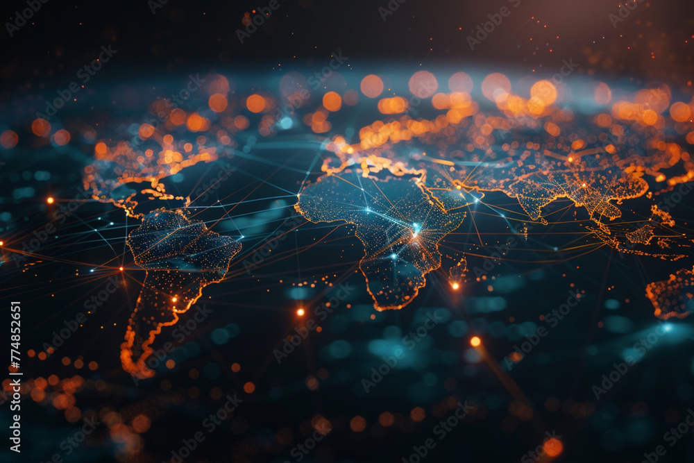 Poster abstract global network concept with a glowing world map and connection lines on a dark blue backgro